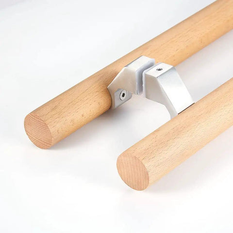 Kick Up Your Space With This Genuine Beech Wood Double Sided Push Pull Door Handle Featuring A Rock Solid 304 Stainless Steel Connector Extra Long Sixty Inch H Shape Bar Built Tough For Sauna Rooms And Daily Grind showing the connection detail of wooden bars and metal connector.