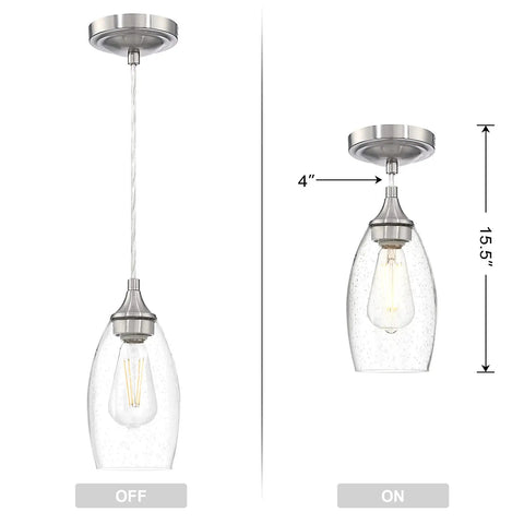 One Light Indoor Mini Hanging Pendant Lamps Set For Kitchen Island And Bar with measured view of seeded glass and nickel finish