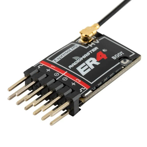 ExpressLRS ER4 2.4GHz 4CH PWM Receiver For Small Aircraft Boats And Cars, close-up of pins and antenna, compact design