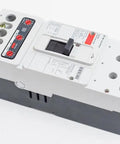 Shop Ready 125 Amp Three Pole Molded Case Circuit Breaker Rated 600 Volt, top view with control buttons and mounting holes.