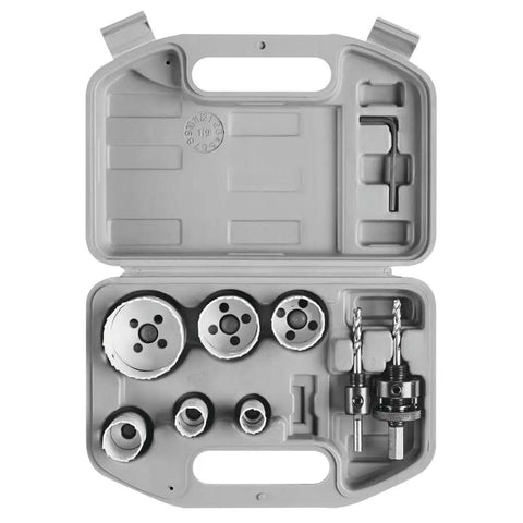 Open case of 9 Piece General Purpose Bi Metal Hole Saw Kit With SpinLock Arbors Pilot Bit And Progressor Tooth Design Includes Two Universal Arbors