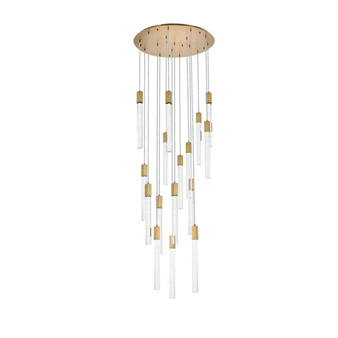 Top Shelf Modern Ceiling Pendant Light Featuring 16 Bright Crystal Accents In Sleek Satin Gold Finish hanging elegantly with clear crystal bars.