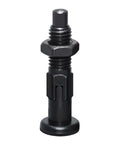 Rock Solid Locking Knob Plunger With Self Retaining Spring Indexing Pin Carbon Steel Build for machine work, showing black finish and details.