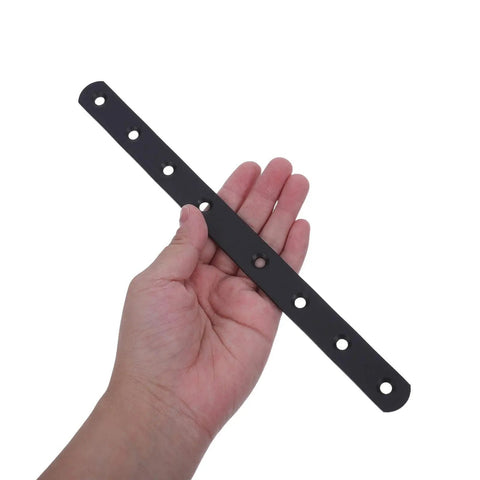 Person holding Heavy Duty Brace Bracket With Screws Flat Straight Stainless Steel Mending Plates 10 Inch Black 4 Pack Furniture Repair Hardware