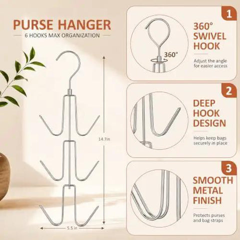 2 Pack Closet Purse Hangers, Game Changer Handbag Organizer Rack with 360° swivel hook and deep hook design in silver finish.