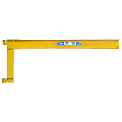 Hella Tough Wall Mounted Full Cantilever Jib Crane With Eight Foot Span And 4000 Pound Lift Capacity For Shop Or Warehouse Jobs Crafted From Premium Wide Flange Steel Beams, yellow steel arm with 1 ton capacity.