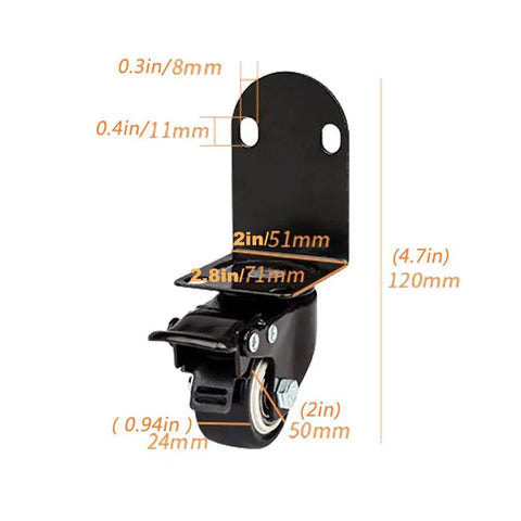 Heavy Duty Swivel Caster Wheels With Locking Brake And L Bracket, 2 inch diameter black PVC roller with dimensions.
