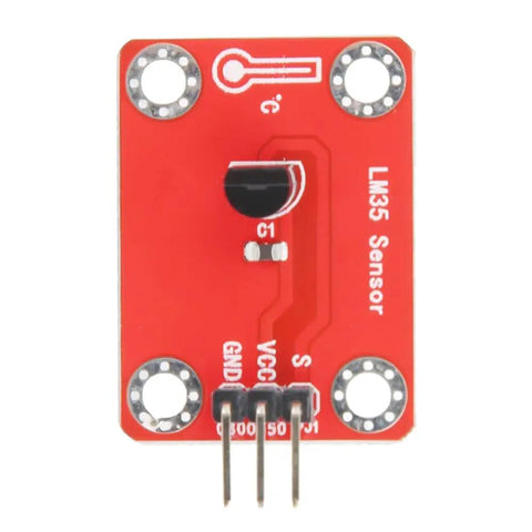 Front view of LM35 Temperature Sensor Module With Linear 10mV Per Degree Celsius Output, featuring 3-pin interface and mounting holes.