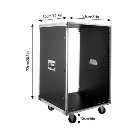 Rock Solid 16U Portable Rolling Network Rack Studio Server Cabinet dimensions 53x50x72cm, features smooth swivel casters.