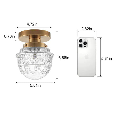 Gold Semi Flush Mount Ceiling Light With Globe Glass, Vintage Indoor Hanging Fixture, size comparison with smartphone