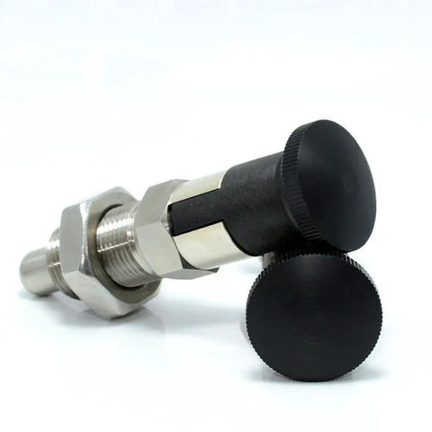 Stainless Steel Self Locking Plunger Pin With Spring Loaded Quick Pull Ring To Lock Down Tool Box Drawers Tight Built Tough For Clean Shop Setup Pro Grade M12 Fine Thread Hardware, showing black grip and stainless shaft.