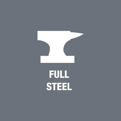 Steel anvil icon with 'Full Steel' text for Ultra Slim 29 Piece Metric Ratchet Set With Three Eighths Inch Drive Zyklop Metal Build Switch Lever For Easy Direction Change Color Coded Sizing 5 Degree Return Compact Tool Kit For Tight Spaces And Quick Jobs packaging