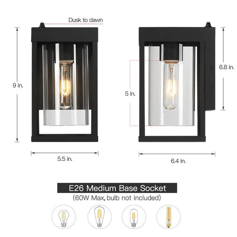 2 Pack Black Outdoor Wall Light Fixtures Dusk To Dawn Exterior Lantern Sconce, 9 Inch Height, Clear Glass Shade, Weatherproof Design.