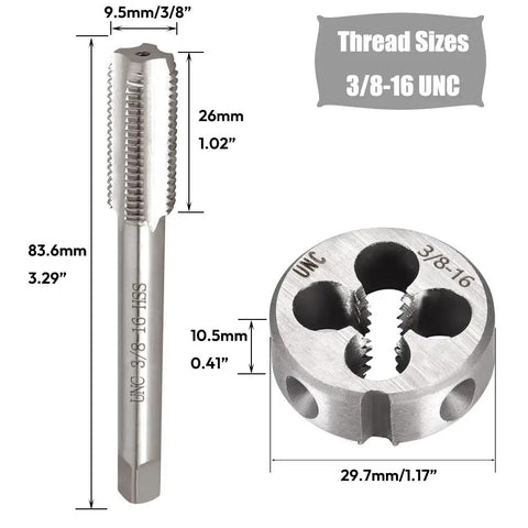 Two Piece 3/8-16 UNC Tap And Die Set HSS Straight Flute Threading Tap Die Kit for metalworking with round die dimensions.