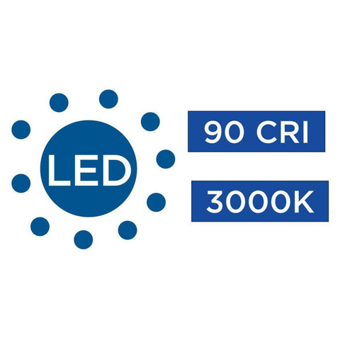 LED logo with 90 CRI and 3000K indicators, showing specifications for 6 Inch Square Cylinder Outdoor LED Wall Sconce 1 Light Sleek Modern Light Fixture For Home Exterior And Porch Aluminum Antique Bronze Finish Weather Resistant Damp Location Rated Energy Efficient.