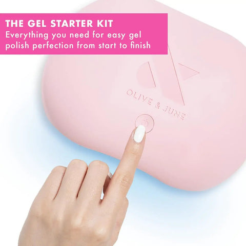 Woman using pro LED lamp in Gel Nail Starter Kit With Peel-Off Base Coat, Gel Base Coat, Gel Top Coat, Nail Tools for at-home use