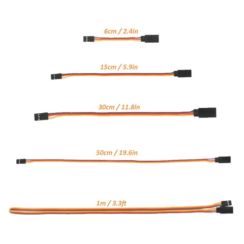 Three Pin Servo Extension Cable Set With Male To Female Connectors Five Lengths 6cm 15cm 30cm 50cm 100cm Angled Design For Easy Plug And Play Install On Servo Boards And Remote Control Projects displayed in various lengths.