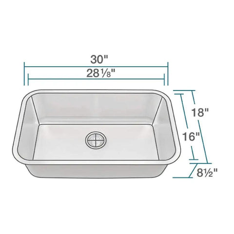 Dimensions illustration of 30 Inch Single Bowl Stainless Steel Kitchen Sink 16 Gauge 304 Grade Extra Thick Durable Workhorse.