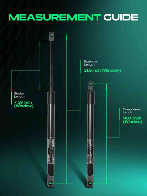 Measurement guide for Chevrolet Trailblazer GMC Envoy Oldsmobile Bravada Saab 9 7X Isuzu Ascender Buick Rainier Rear Window Glass And Tailgate Lift Support Gas Struts Set Of 4 Replacement showing stroke, extended, and compressed lengths.