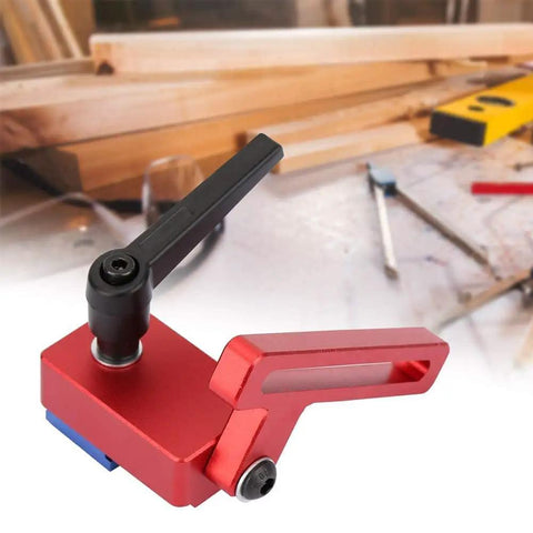 Heavy Duty Cnc Machined Aluminum Miter Track Stop Block Fits 30mm T Slot Rails, featuring a red aluminum body and adjustable black lever.