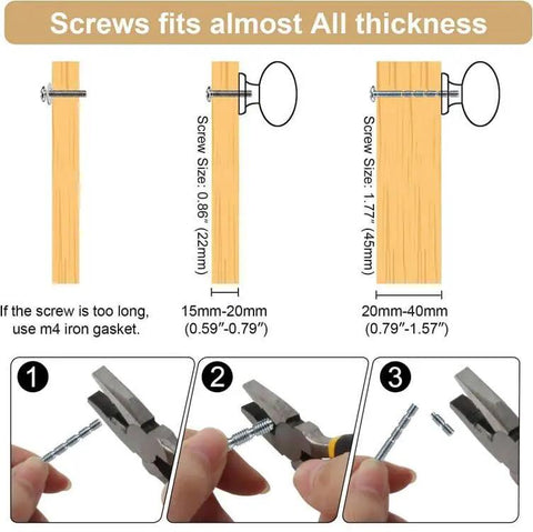 Instructions for Heavy Duty Round Cabinet Knobs Four Pack Brushed Gold Zinc Alloy Kitchen Handle Replacement installation with screw sizes.