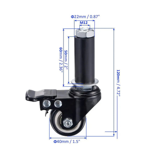 Heavy Duty 4 Pack Swivel Expanding Stem Casters With Firm Brake And Smooth Rolling PVC Wheels Paired With Tough Steel Braces For Quicker Furniture Swap On Tables And Bar Stools In Matte Black detailed dimensions and features.