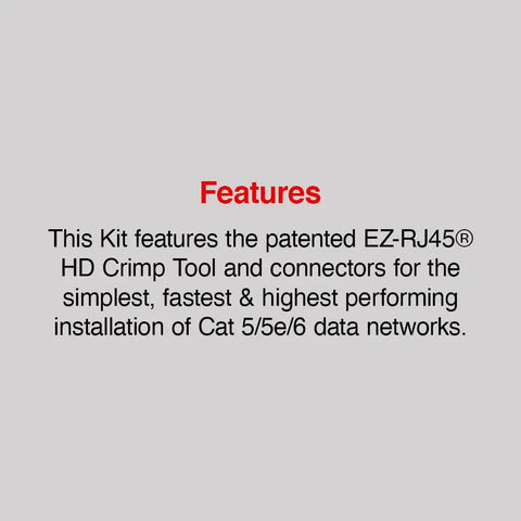 Features of EZ RJ45 HD Basic Termination Kit With Crimp Tool And Cat5e Connectors In A Nylon Zip Case For Pros And DIYers
