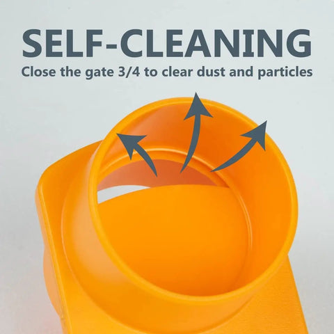 Orange self-cleaning blast gate from Heavy Duty Flexible Clear Dust Collection Hose Kit Featuring 4 Inch By 20 Feet Tubing Cone Reducer Elbows Fittings And Blast Gates For Table Saw Band Saw And KickAss Workshop Setup.