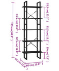 Five Tier Black Book Cabinet With Sturdy Metal Frame And Engineered Wood Shelves For Books, Modern Industrial Style, dimensions diagram
