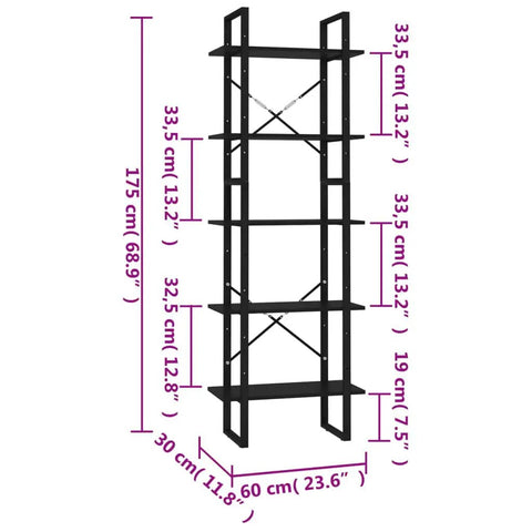 Five Tier Black Book Cabinet With Sturdy Metal Frame And Engineered Wood Shelves For Books, Modern Industrial Style, dimensions diagram