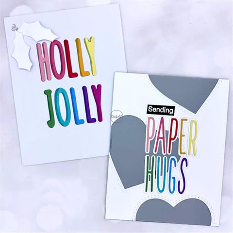 Shadow 26 Capital Letters Metal Cutting Dies For Card Making Kit with colorful 'Holly Jolly' and 'Paper Hugs' on greeting cards