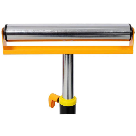Close-up of Heavy Duty Roller Stand Shop Workhorse chrome roller and height adjustable pole, ideal for woodworker projects.