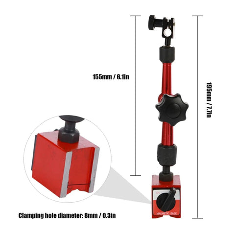 Dial Indicator Magnetic Holder And Bore Gauge Stand With Magnetic Base For Micrometers, Hour Type Indicators, Pro Grade Measuring Tools For Machinists, Gearheads, And Hobbyists, 155mm height, red and black metal