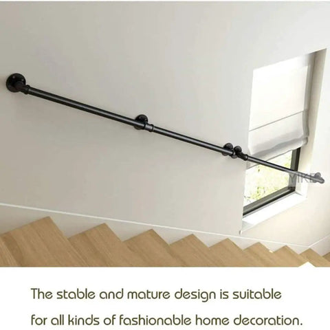 Dead Nuts Solid Retro Industrial Water Pipe Stair Banister, Top Shelf Wrought Iron Wall Handrail along stairs with window.