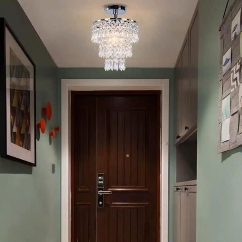 Small Three Tier Crystal Chandelier LED Pendant Light With Dope Raindrop Crystals Chrome Finish For Bedroom Hallway Living Room Compact Ceiling Fixture E26 Base installed in hallway