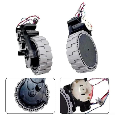 Left-right Ecovacs Deebot replacement wheel set (two wheels); front and side views, plastic wheels.