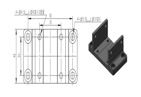 Technical drawing and 3D view of Rock-Solid Motion CNC Linear Guide Stage Rail And Ball Screw Slide Table Nema 23 mount bracket
