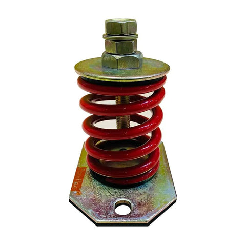 Beast Mode 551 Lb Spring Mount Vibration Isolators With 1 Inch Deflection Red Zinc Coated Adjustable Rubber Pads Pack Of 4 For Trucks And Heavy Duty Rigs Daily, showing red spring with zinc coated base.