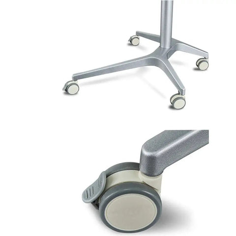 Close-up of wheels on Totally Adjustable Pneumatic Sit Stand Rolling Laptop Desk Cart for easy movement on hardwood floors.