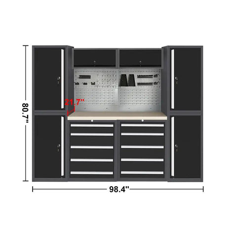 Badass Industrial Tool Cabinet With Sturdy Wooden Workbench And Heavy Duty Steel Pegboard, Pro Grade Garage Workspace And Massive Storage Rack For Real Jobs, 80.7" tall cabinet with drawers and metal pegboard.