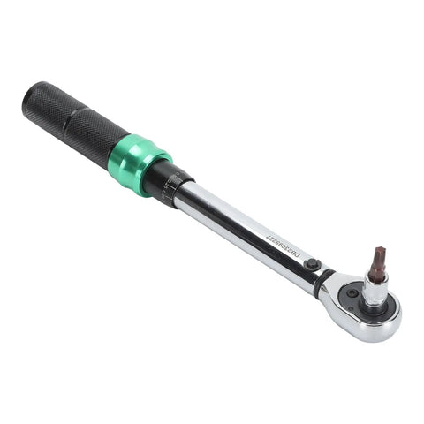 Heavy Duty 5-25Nm Adjustable Click Torque Wrench Set showing a chrome finish with a green grip for auto repair and engine work.