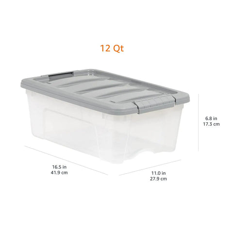 Clear 12 Quart Heavy Duty Plastic Storage Container with Grey Latching Lid for organizing gear and supplies.