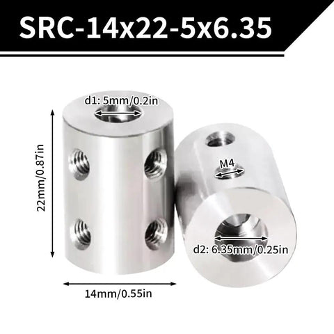 Rigid Shaft Coupler 5mm To 6.35mm Bore, 22mm Length, 14mm OD, Set Screw, Stainless Steel High Torque Motor Connector