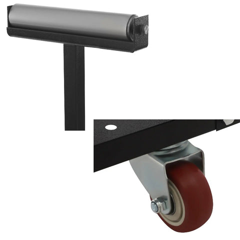 Hella Sturdy Height Adjustable Miter Saw Stand With Heavy Duty Wheels And 550 Pound Load Rating Includes Twin Extension Rollers detailed close-up of steel rollers and heavy-duty wheel