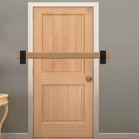 Heavy Duty Door Barricade Brackets Pair Metal Security Lock Reinforcement Kit With Pin Hole Setup on a wooden door.