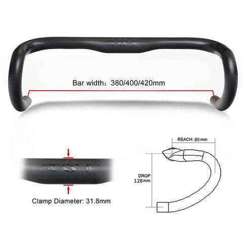 Pro Grade Full Carbon Road Drop Handlebar 31.8mm Clamp Lightweight 128mm Drop 89mm Reach UD Matte Black dimensions