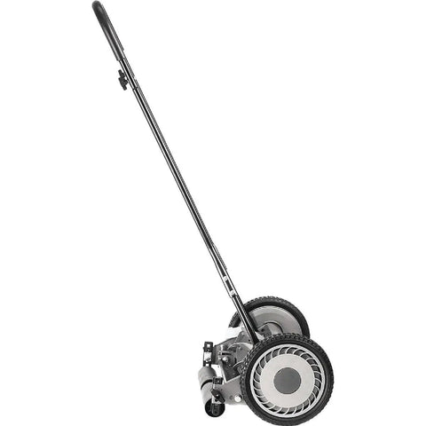 Side view of 18 Inch 5 Blade Push Reel Lawn Mower With Adjustable Cutting Height 0.5 To 2.75 Inches, Ball Bearing Blades, Grey