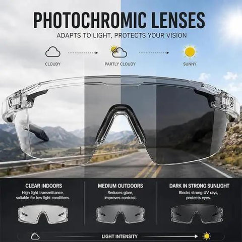 Hella Durable Photochromic Polarized Safety Glasses With Tough As Nails Impact Resistant Polycarbonate Lenses show adaptive tint for outdoor use.