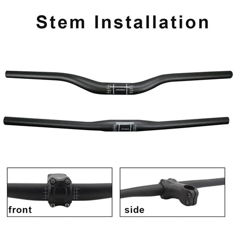 Carbon Mountain Bike Handlebar 31.8mm Riser, 1-1/4 Inch, 620mm Length, UD Matte Finish shown in front and side views