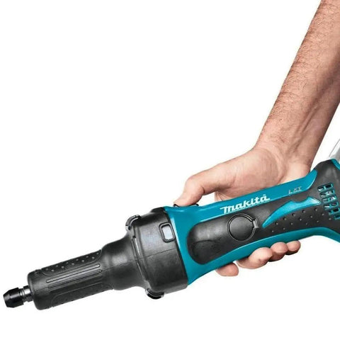 Rugged 18V LXT Cordless Die Grinder With Removable Side Handle Grip, held with one hand, showcasing ergonomic design and controls.